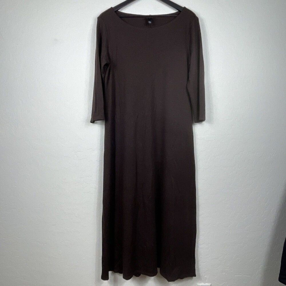 Eileen Fisher Medium Maxi Dress Brown 3/4 Sleeve Wool Minimalist Pullover
